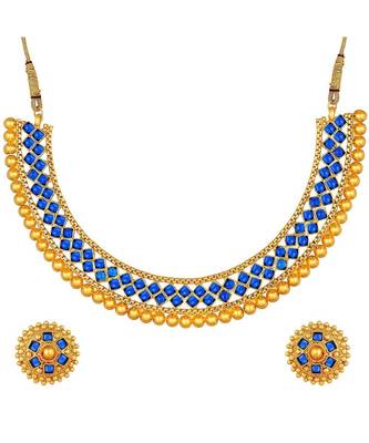 Golden Ball With Blue Stone Traditional Brass Necklace Jewellery Set With Earrings For Women Girls 3